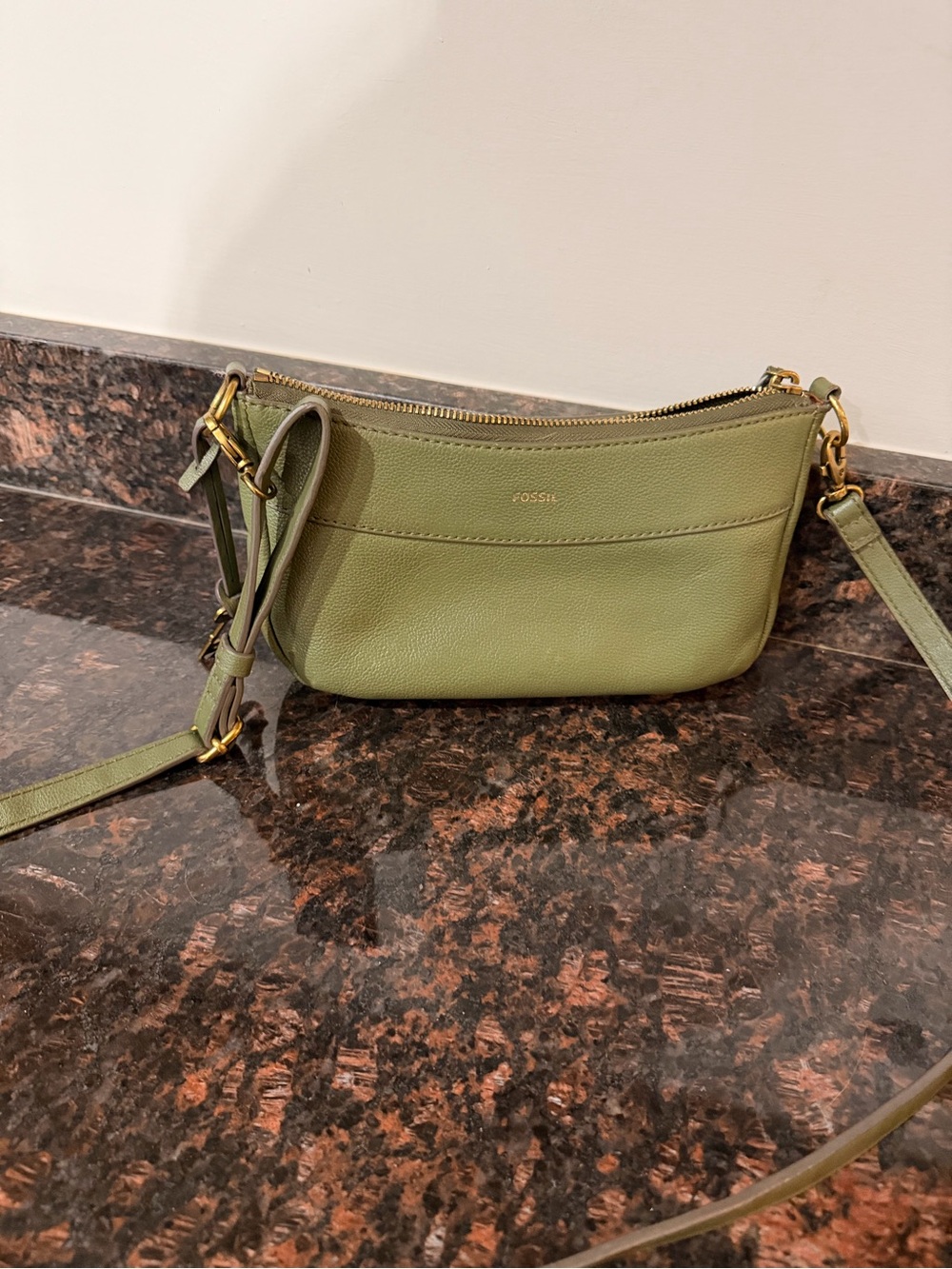 Fossil Olive Leather Crossbody Wristlet with Gold Hardware - Picture 5 of 9